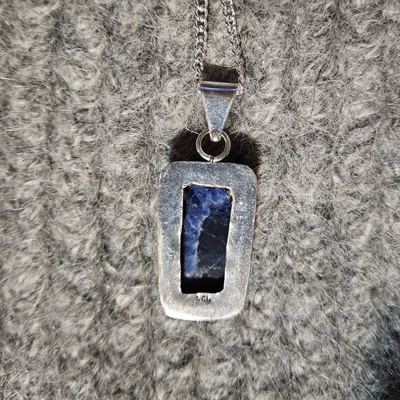 Sodalite, gemstone rectangle, pendant necklace, silver plate & chain, new - Picture 3 of 5